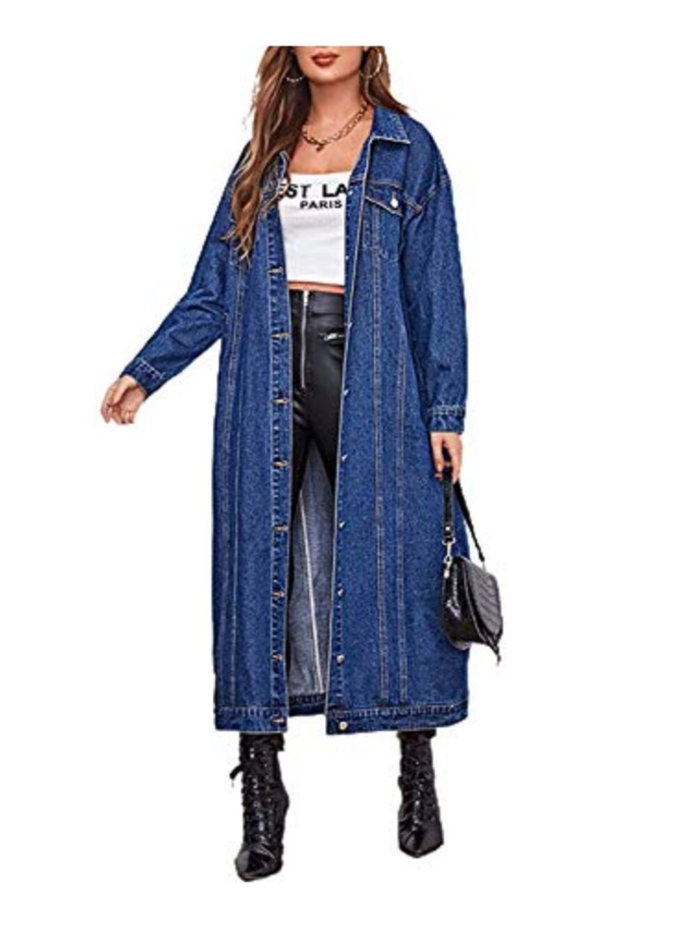 Women's Long Denim Jean Jacket Coat Button Up Flap Pockets Loose Fit